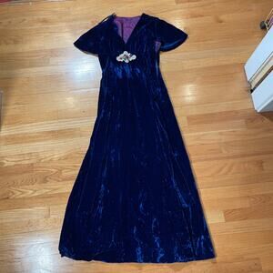 Vintage 60s Crushed Blue Velvet Bow Dress
